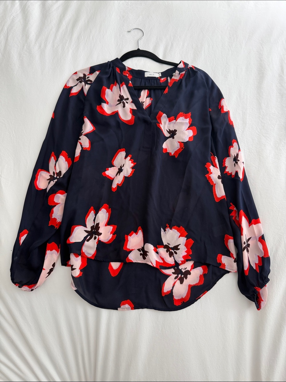 A.L.C. Navy Floral Long-Sleeve Blouse with Red and White Flowers